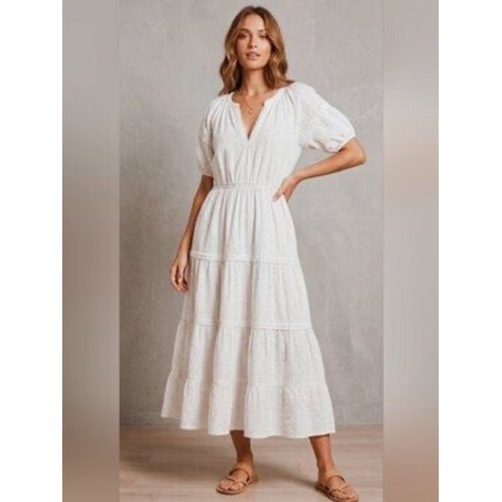Betsey Johnson White Rainbow Confetti Tiered Midi Dress V-Neck Puff Sleeve S